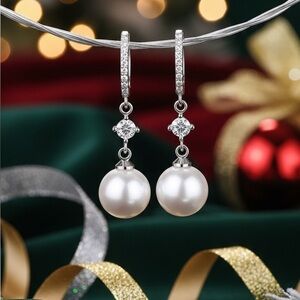 NWT Sterling Silver Elegant Pearl and CZ stone Drop Earrings/Bridal!